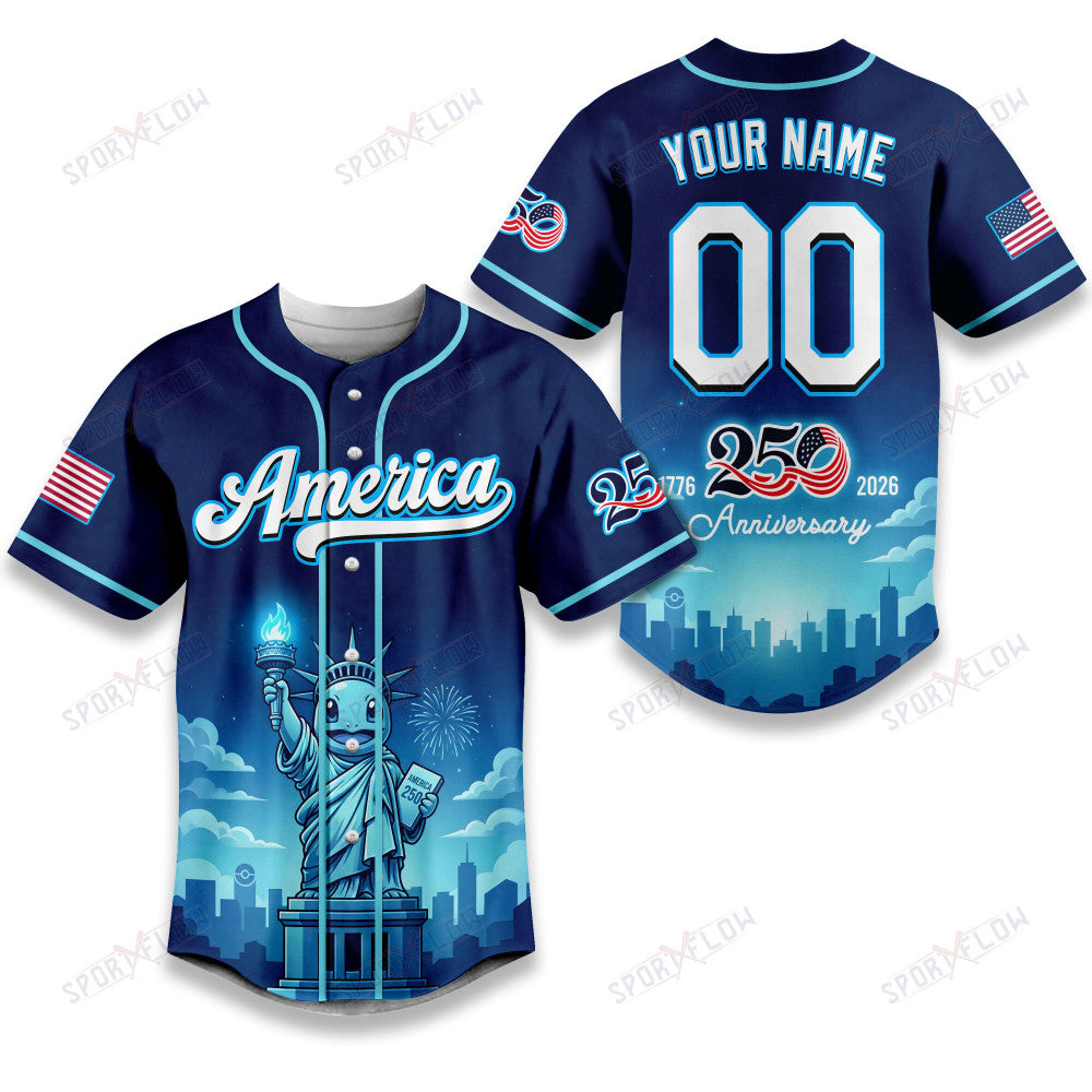 Pokemon Squirtle Ocean Liberty America 250 Anniversary Baseball Jersey