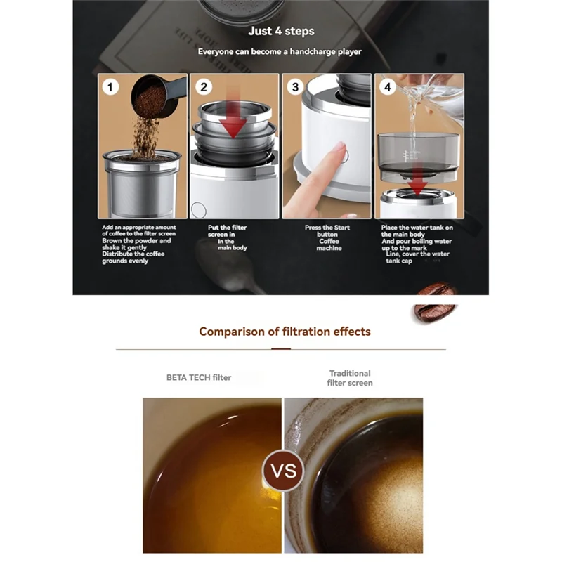 B98A-Portable Hand-Pressed Coffee Maker With Stainless Steel Filter Automatic Drip For Travel, Camping, Office