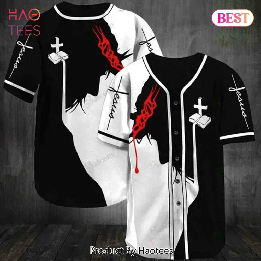 Stylish Jesus Baseball Jersey Shirt – Unique Black &amp; White Design With Cross &amp; Red Accents