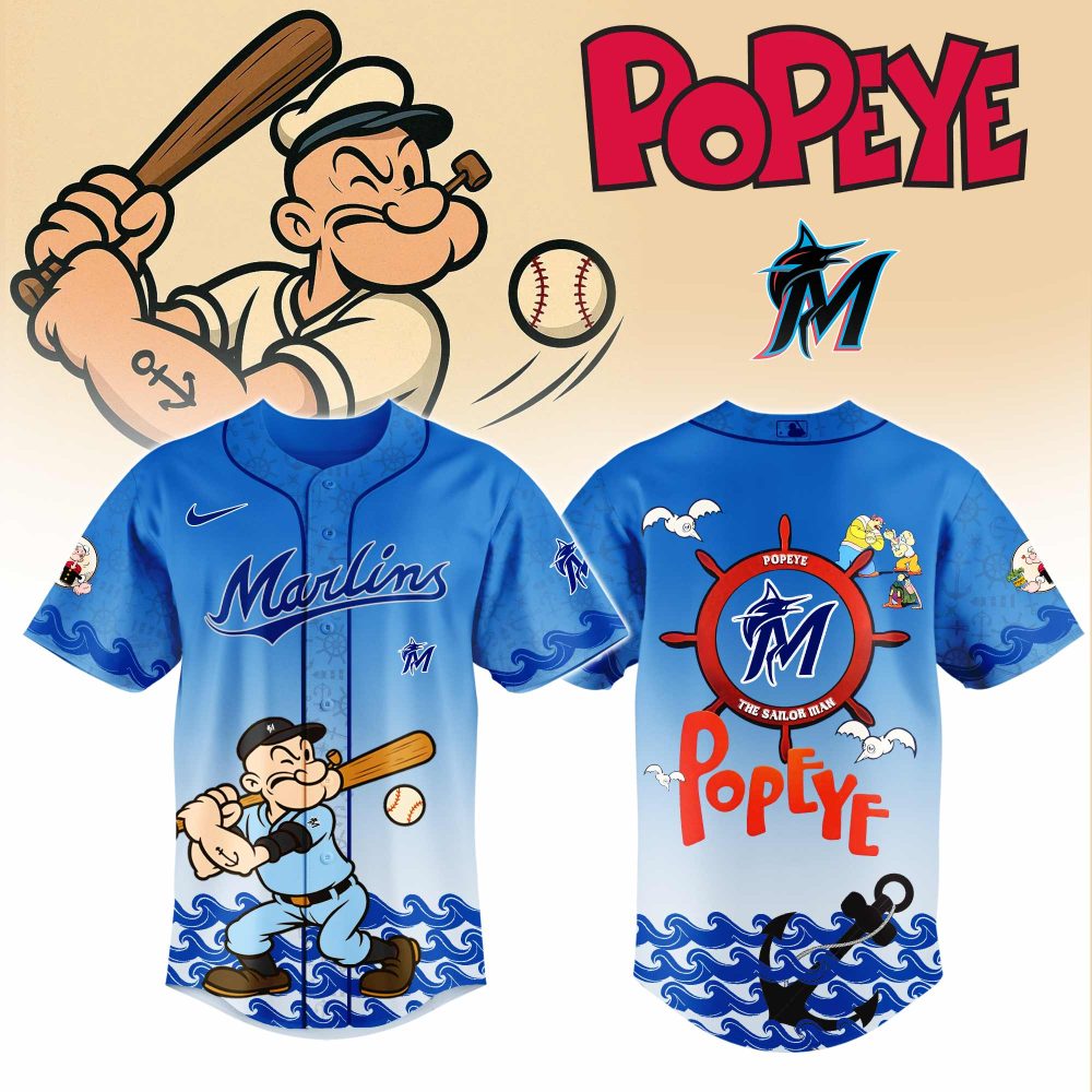 Limited Edition Popeye X Marlins Baseball Jersey – Vibrant Blue, Perfect For Fans &amp; Collectors!