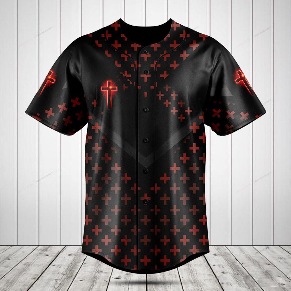 Men'S Black &amp; Red Cross Baseball Jersey - Stylish Button-Up Sports Shirt