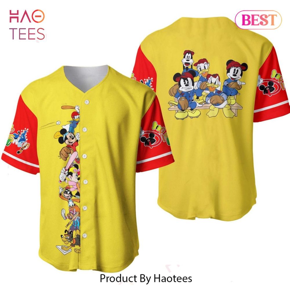 Vibrant Disney Characters Baseball Jersey – Bright Yellow &amp; Red – Unisex – Perfect Gift For Fans!