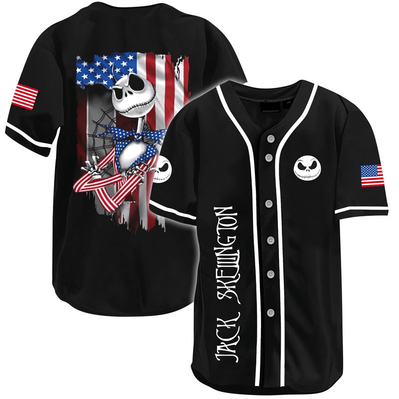 Patriotic Jack Skellington Baseball Jersey - Stylish Halloween &amp; 4Th Of July Apparel